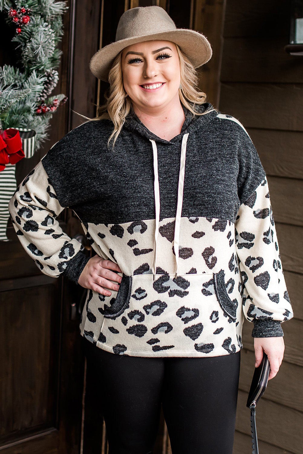 Azura Exchange Leopard Colorblock Pockets Plus Size Hoodie