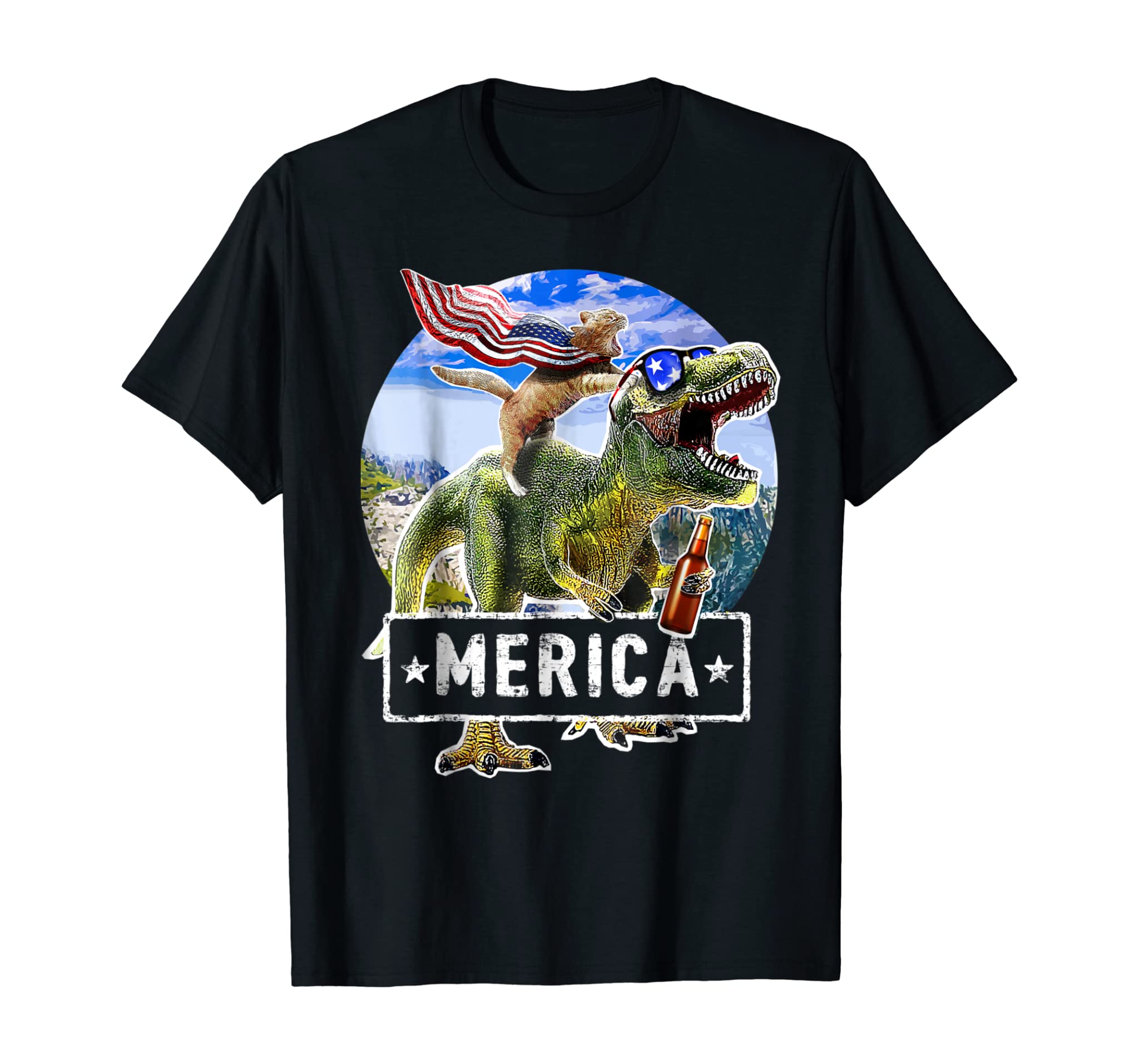 Dinosaur Merica T Rex Cat 4th of July American Flag Shirt