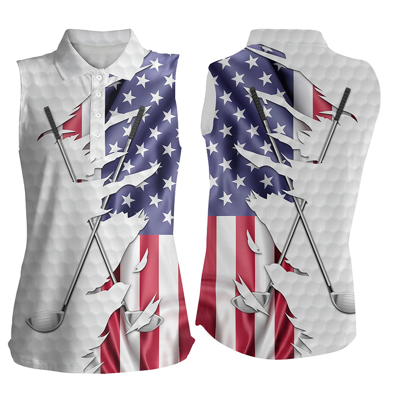 Red, White, And Blue American Flag Womens Sleeveless Polo Shirt Patriotic Golf Performance Shirts