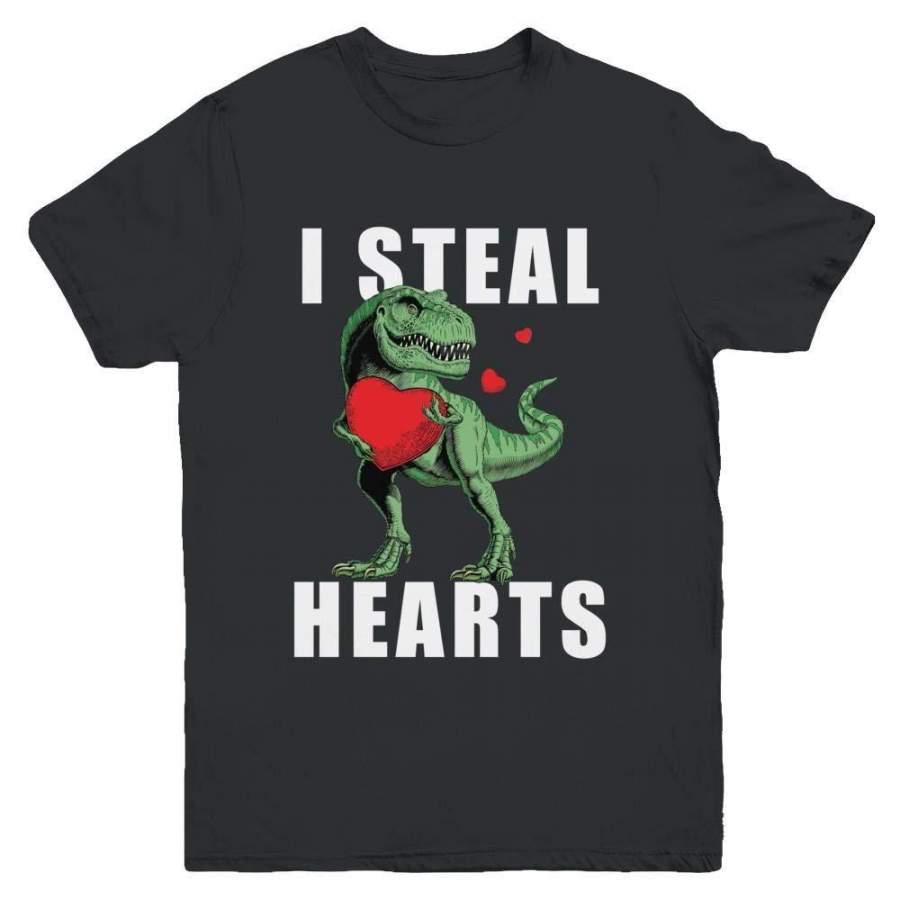 TeesPass I Steal Hearts Funny Valentines Day Dinosaur T-Rex Boys Youth Shirt Kid Short Sleeve Tee