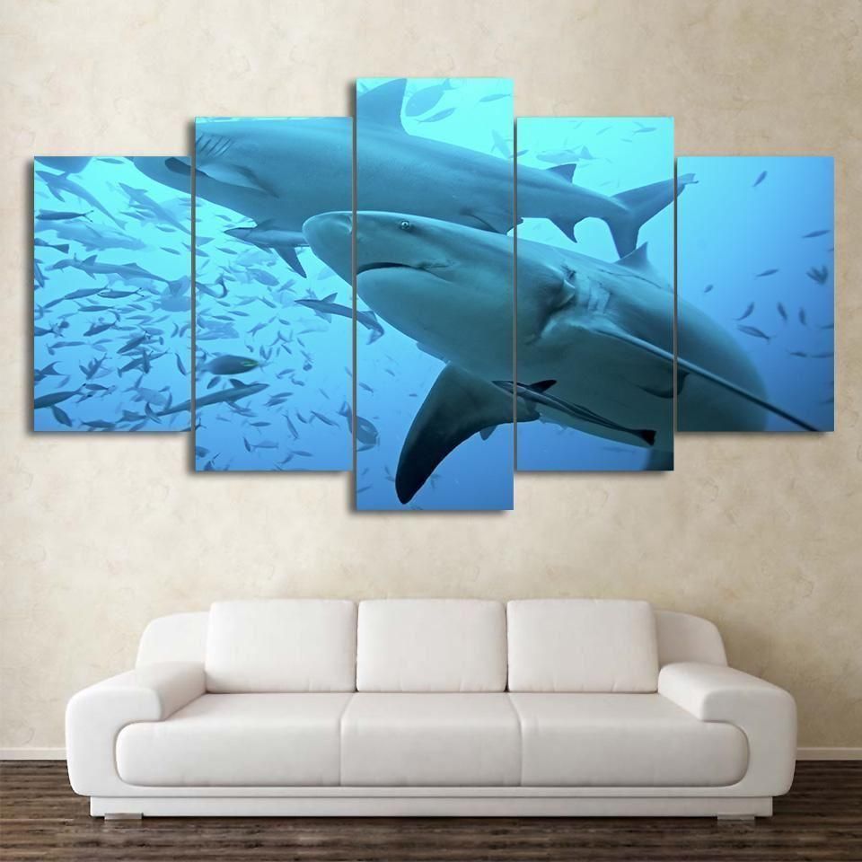 Sharks Deep Blue Ocean Fish Animal 5 Panel Canvas Art Wall Decor