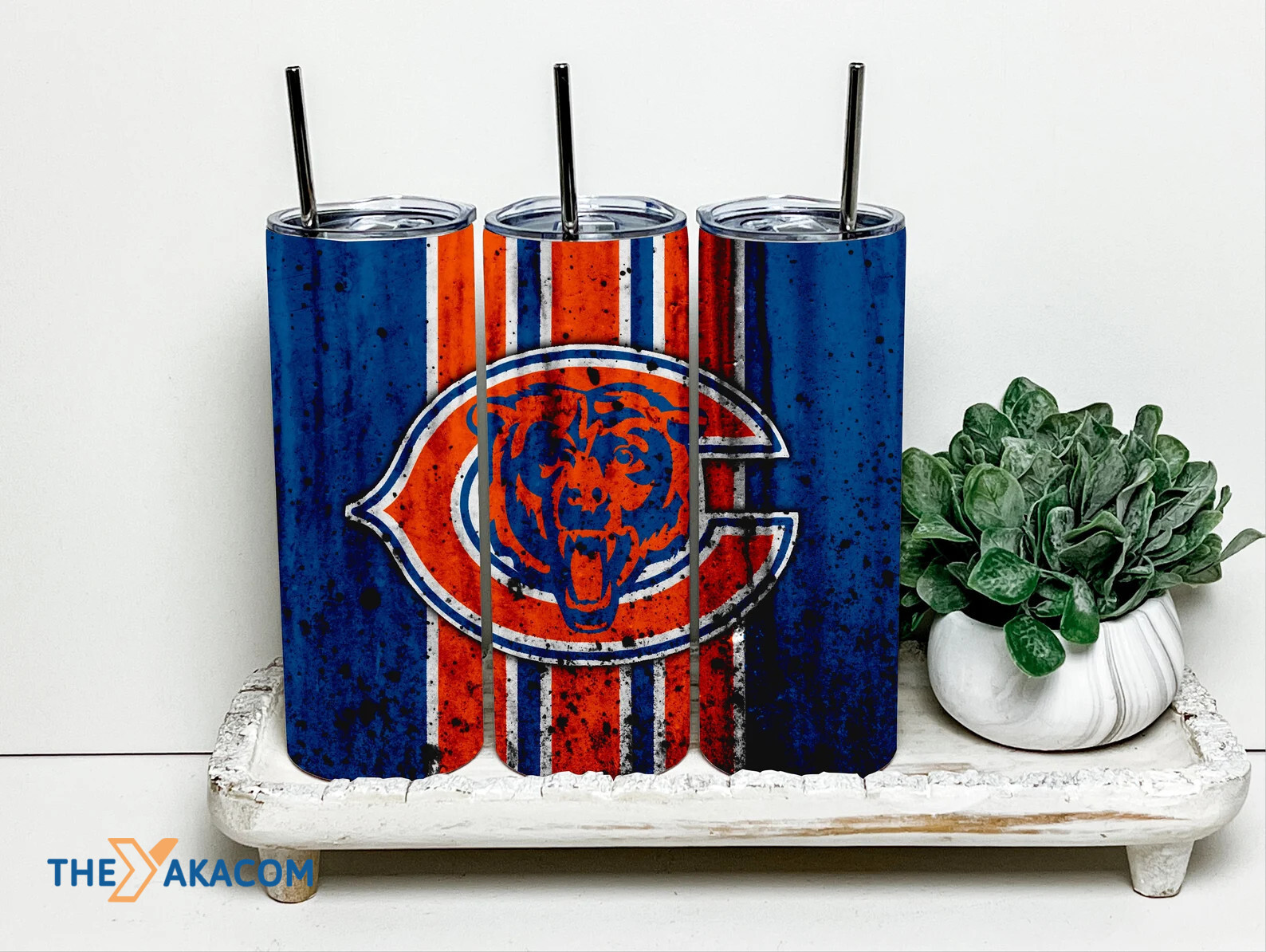 Black Spraying On Blue Background Orange Stripes With Logo Chicago Bears Tumbler