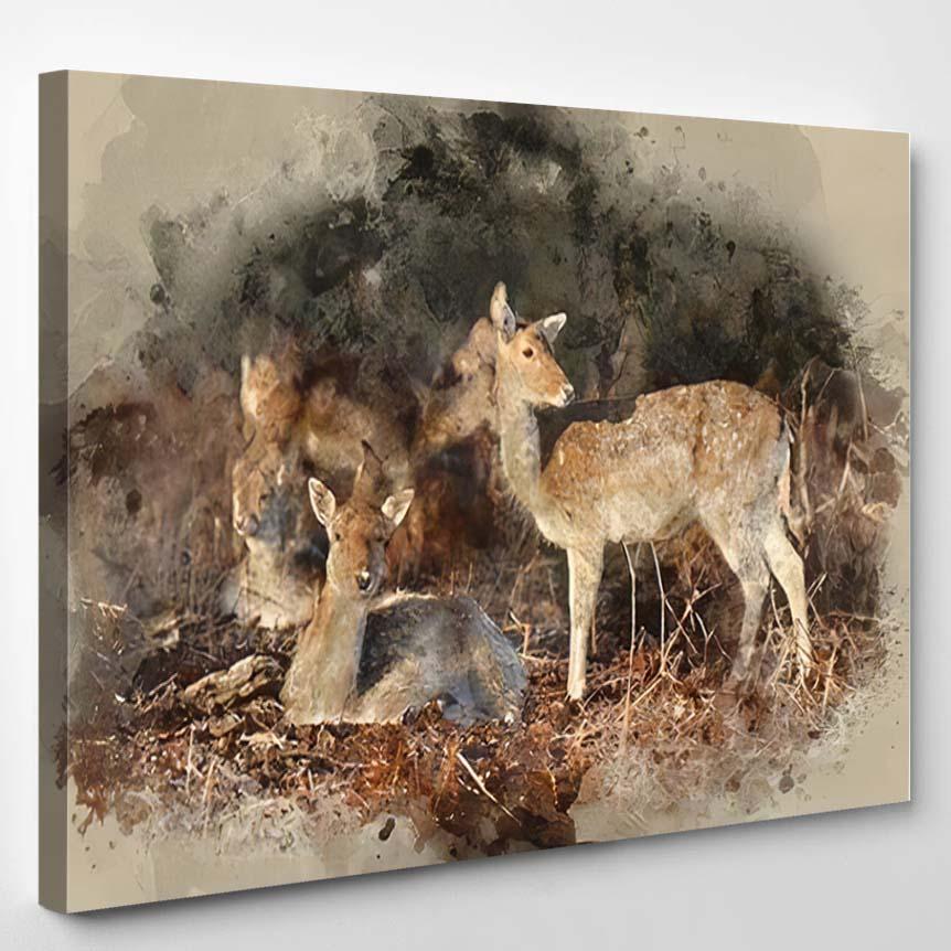 Watercolor Painting Herd Fallow Deer Forest – Deer Animals Canvas Print