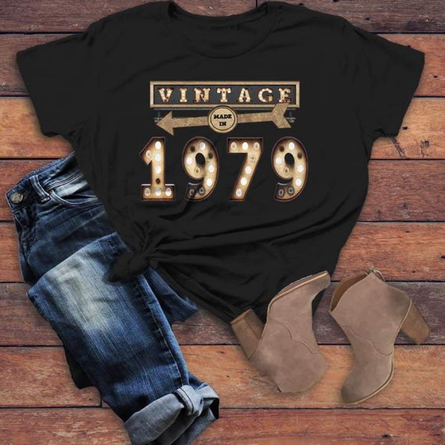 Women’s Vintage T Shirt 1979 Birthday Shirt 40th Birthday Tee Light Bulb Marquee Sign Retro Gift Idea Vintage Tee