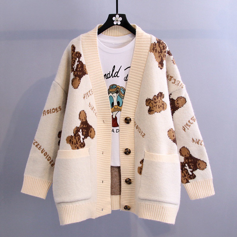 Bear Letter Sweater Jacket Women’s Loose Thicken 2022 New Korean Lazy Knit Cardigan alx