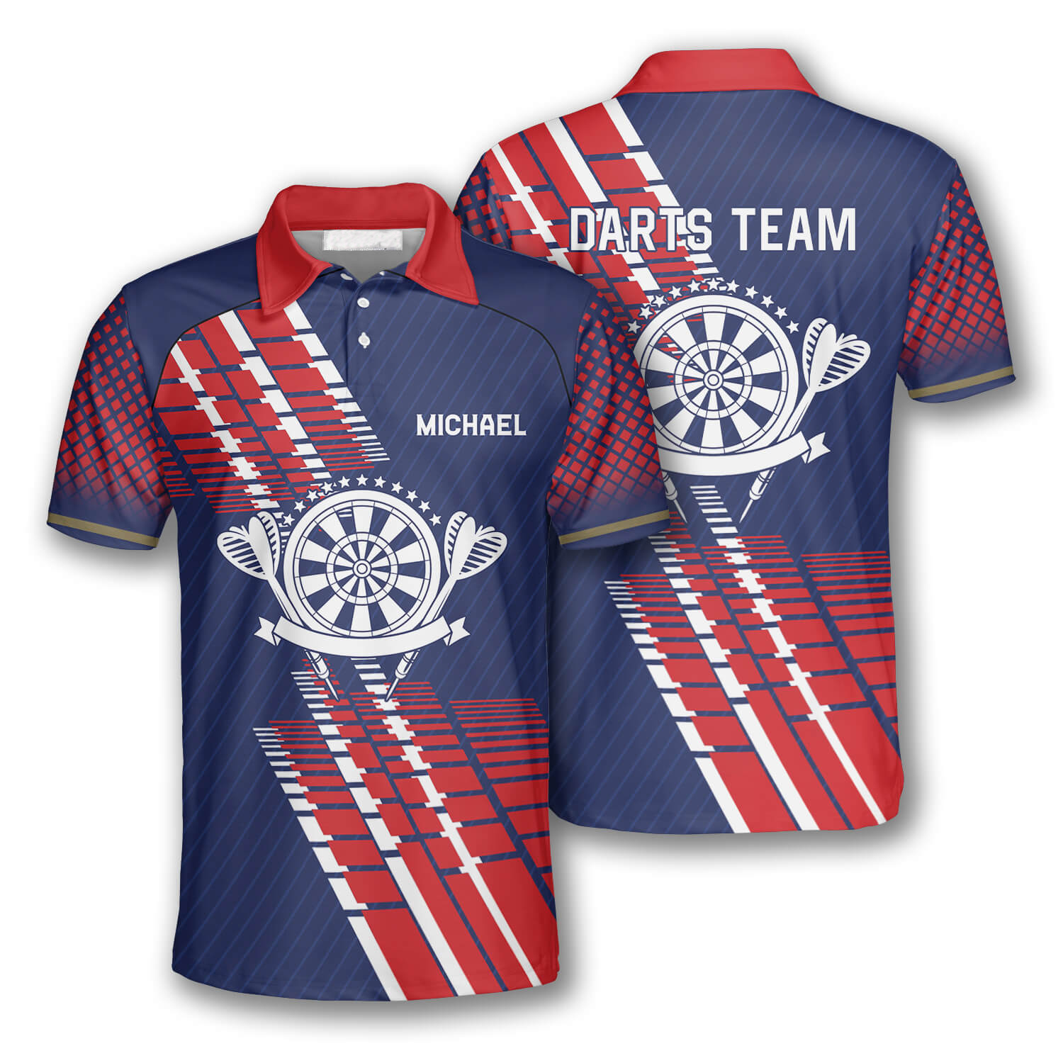 Darts Blue Red Geometric Pattern Custom Polo Shirts For Men