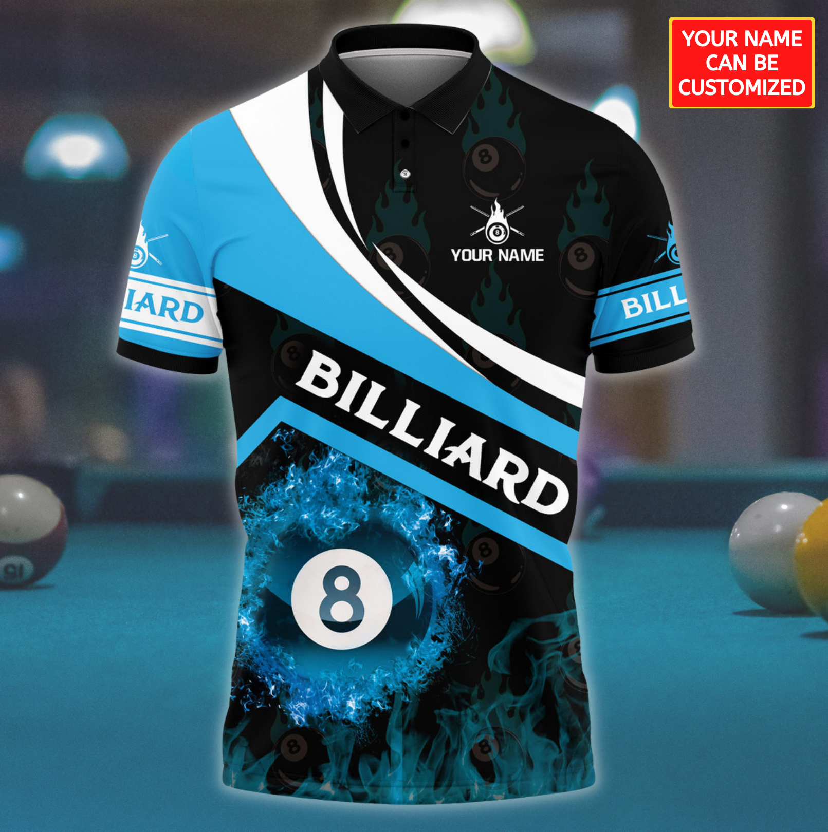 3D All Over Print Blue Fire With Ball 8 Billiard Polo Shirt, Billiard Lover Gift