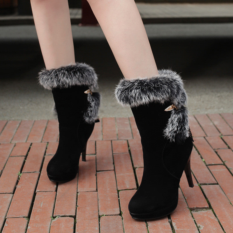 Rabbit Fur Women Platform Boots Black Winter High Heels Shoes Woman 2016 3498