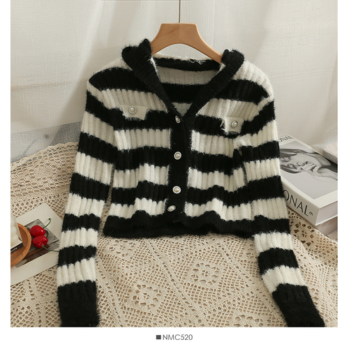 Women Vintage Stripe Print Hooded Long Sleeve Cardigan Casual Knit Jacket Fashion Single Breasted Sweater Coat Autumn Outwear alx