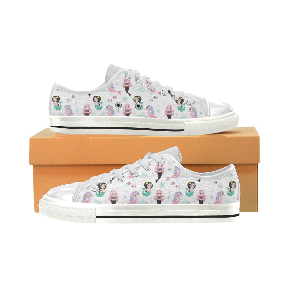 Cute Mermaid Dolphin Fish Starfish Pattern Kid’S Low Top Canvas Shoes White