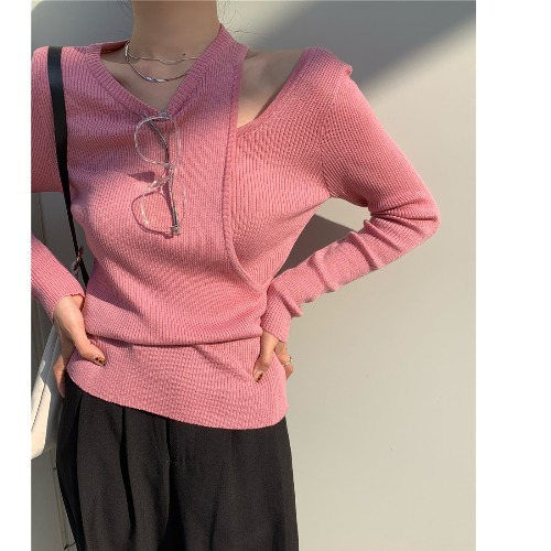 Sweater Tops 2021 Spring Pink Elegant Sim Hollow Out Sexy Korean Fashion Office Lady Casual Knitwear Women Clothing alx