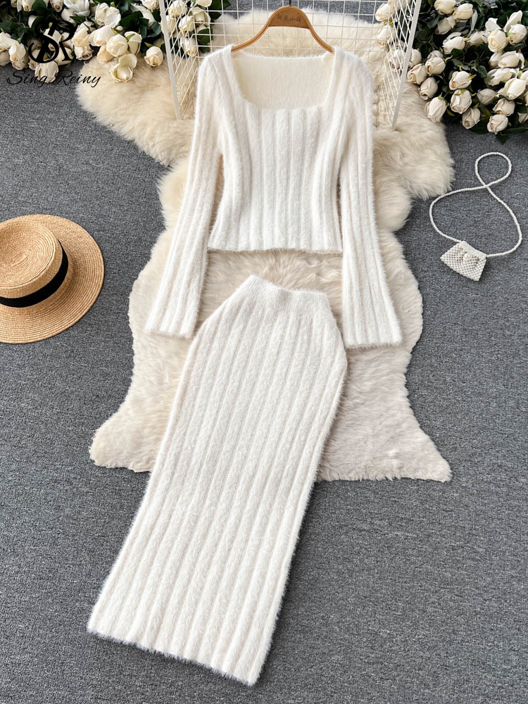 SINGREINY Women Gentle Knitted Two Pieces Suits Soft Sweater Short Top+High Waist Midi Long Skirt Suits Elastic Slim Winter Sets alx