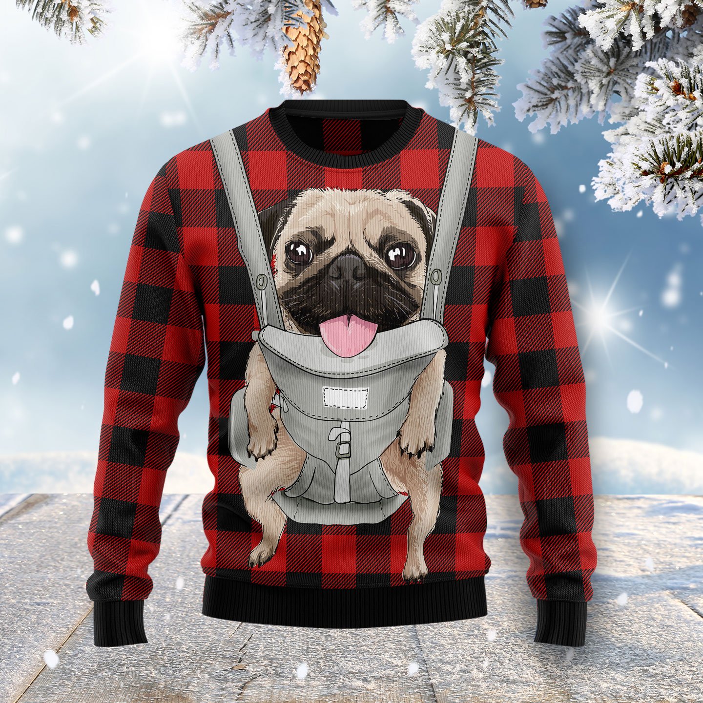 Front Carrier Dog Pug HZ102605 Ugly Christmas Sweater unisex womens & mens, couples matching, friends, funny family sweater gifts (plus size available) Thanksgiving Day 2022 Gift