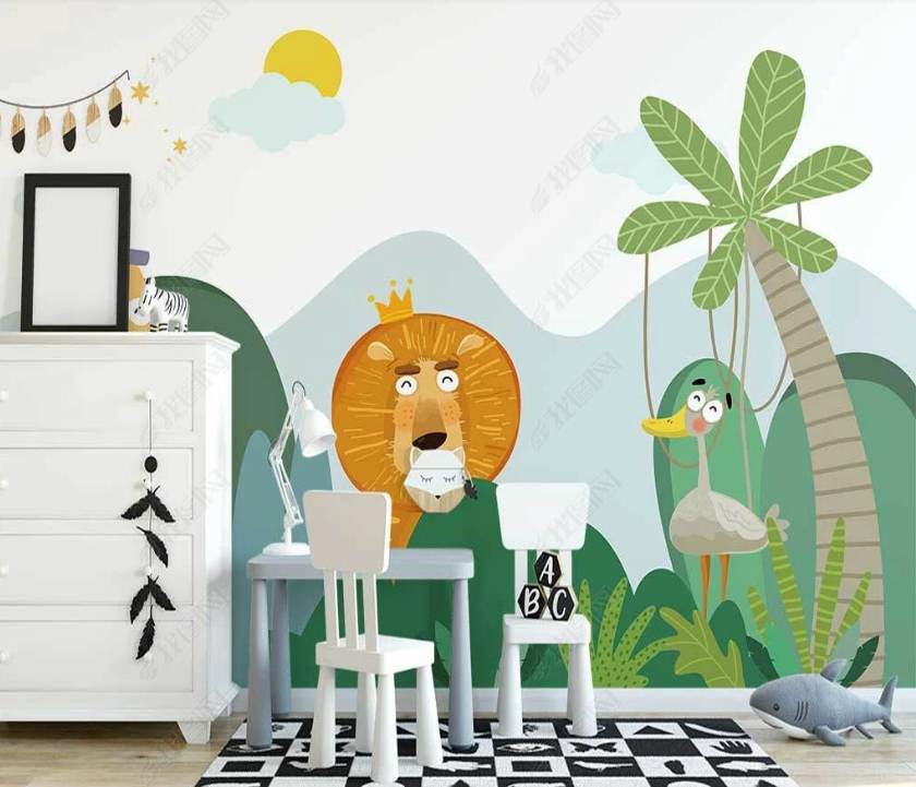 3D Cartoon Mountain Forest Animal Lion Wall Mural Wallpaper Lqh 23