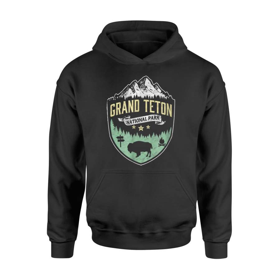 Grand Teton Vintage Mountains Bison Hipster Badge Hoodie