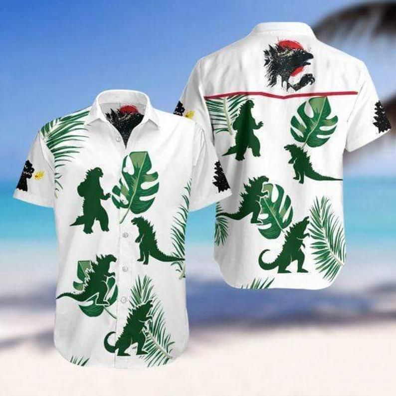 Godzilla King Tropical White Green Amazing Design Hawaii Shirt Ha22316