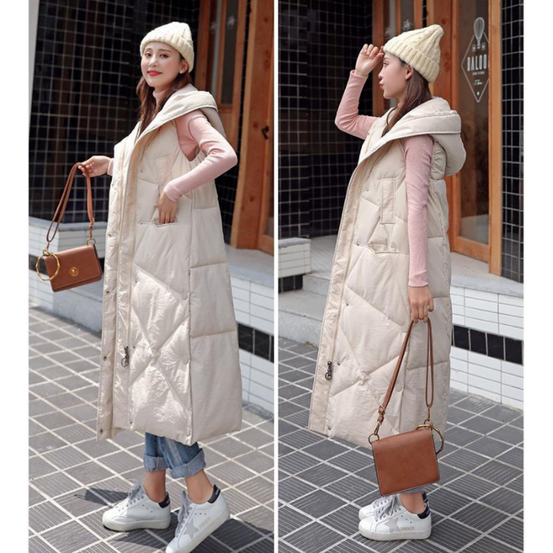 Vest Women Autumn Winter Parka Cotton Padded Hooded Zipper Embroidery Sleeveless Parkas Long Jacket Waistcoat Female Large alx