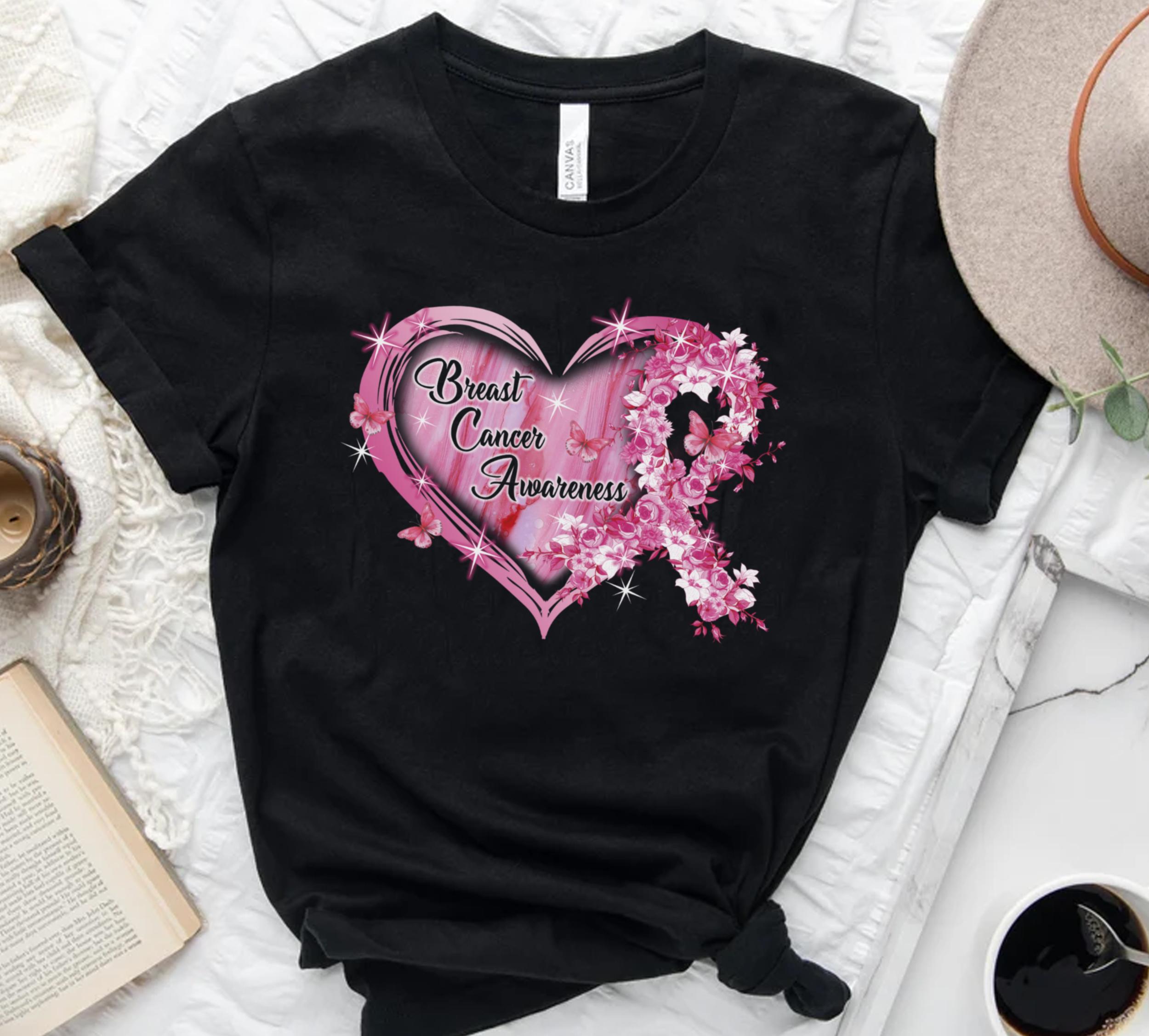 Breast Cancer Awareness T-Shirt For Girl Women Pink Ribbon Floral Heart Shirt For Cancer Support Inspirational Gifts