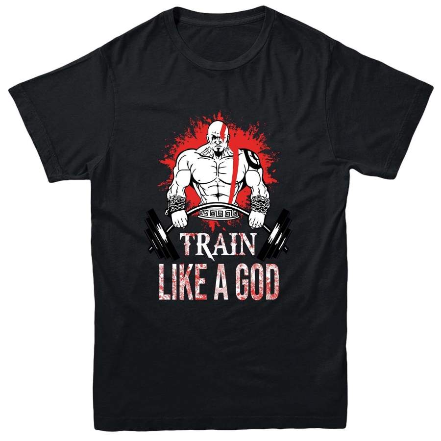 Train Like A God Men’s T-Shirt, Kratos Gym Workout Inspired Spoof Tee Top