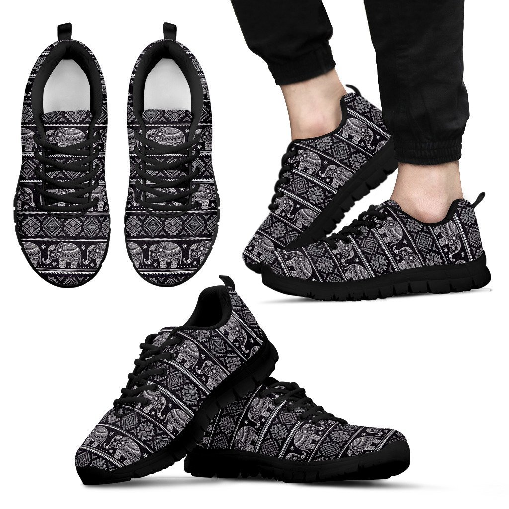 Black Aztec Elephant Pattern Print Black Sneaker Shoes For Men Women