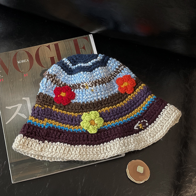 INS Korean Retro Flower Knitted Bucket Hat Women Handmade Crochet Hollow Basin Hat Ladies Spring Summer Sunscreen Sun Hat alx