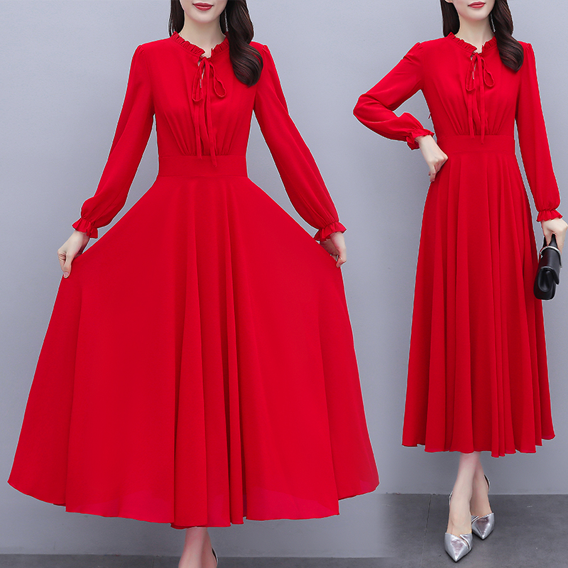 TingYiLi Women Chiffon Long Dress Spring Autumn Long Sleeve Red Black Dress Korean Ladies Elegant Office Wear Dress alx