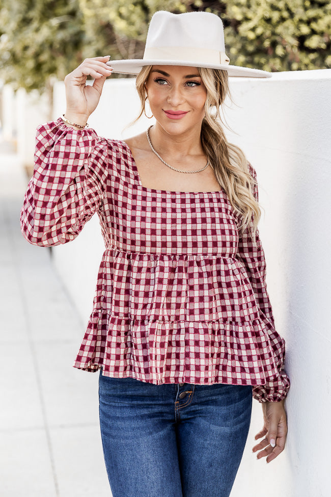 Social Obligation Burgundy Checkered Peplum Long Sleeve Blouse