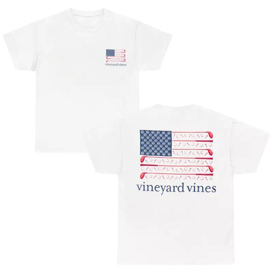 Vineyard Vines American Flag Graphic T-Shirt Unique Flag Design With Artistic Symbols, White Tee With Red And Blue American Flag, Patriotic Apparel