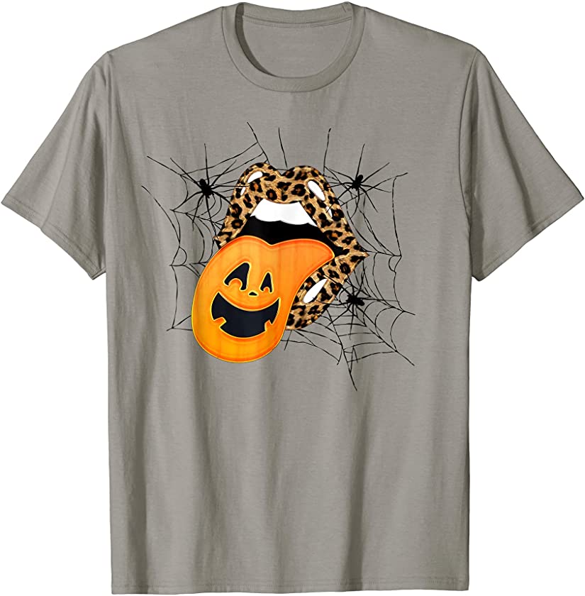 Spider Net Leopard Lips Jack-o Lantern Tongue Halloween T-Shirt