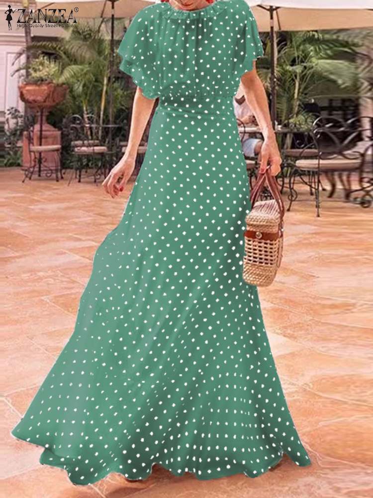 Bohemian Printed Women Vestidos 2022 Summer Ladies Short Sleeve Maxi Dress ZANZEA Holiday Beach Elegant Polka Dot Sundress Femme alx