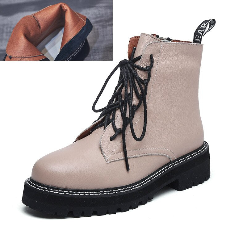 2022 Genuine Leather Boots Women Shoes Thick Sole Lace Up Autumn Winter Short Ankle Boots For Women Motorcycle Boots