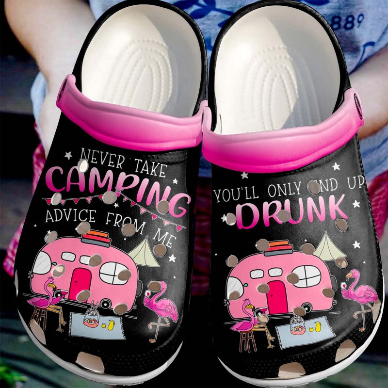 Camping Drunk With Flamingo Shoes – Never Take Camping Advice From Me Custom Shoe Birthday Gift For Women Girl