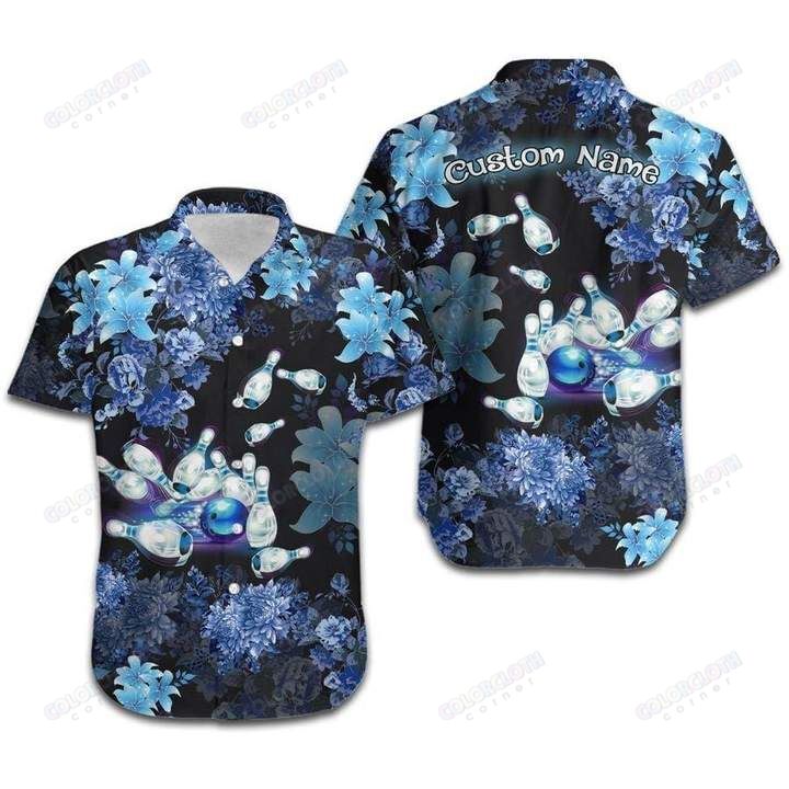 Persinalized Bowling Neon Blue Tropical Hawaiian Shirt Ha38614