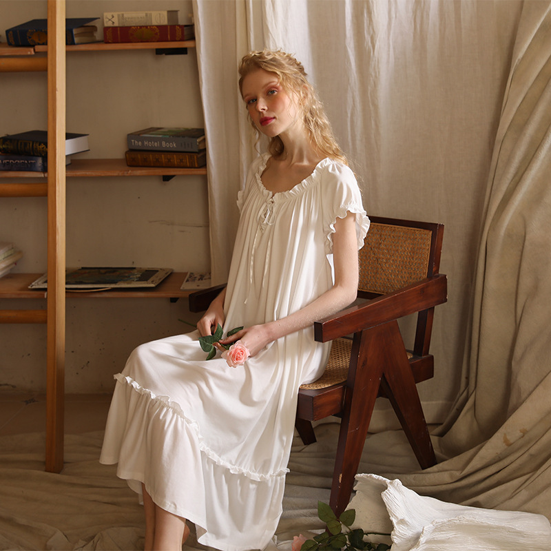 Women Cotton Sleepwear Summer Comfy Loose Long Night Dress Victorian Vintage Nightgowns Princess White Sexy Nightwear Home Wear alx