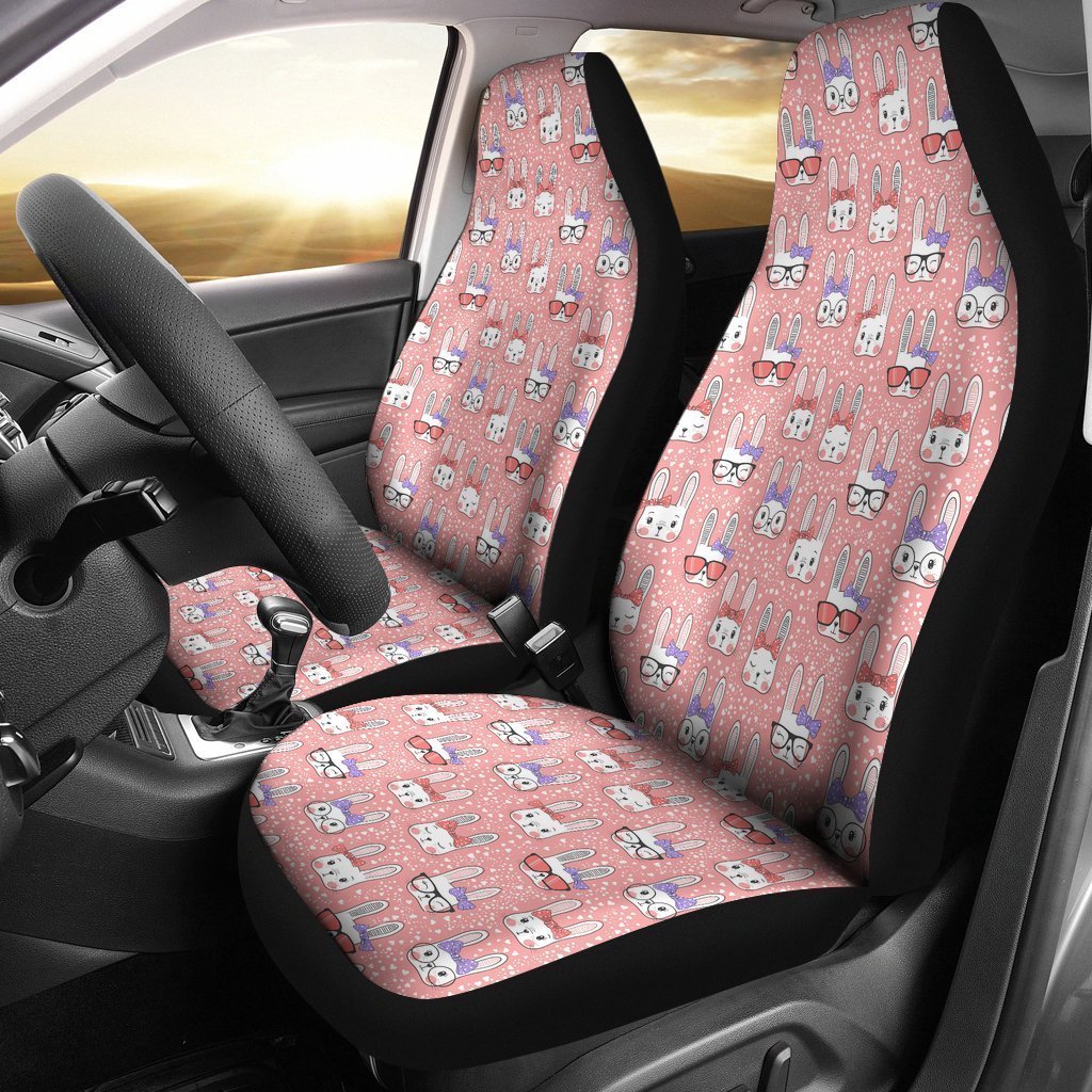 Cute Bunny Rabbit Pattern Print Seat Cover Car Seat Covers Set 2 Pc, Car Accessories Car Mats