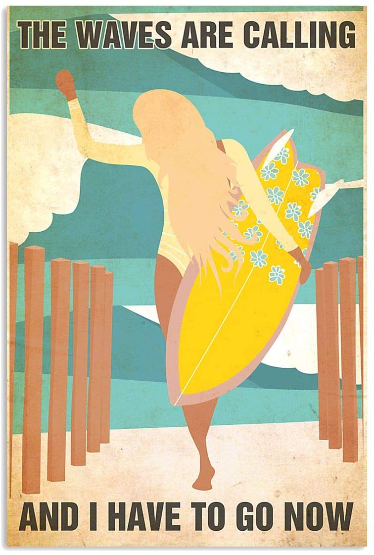 Vintage Girl Surfing The Waves Are Calling Must Go Poster Art Print      Home Decor Gift For Men Women Family Friend On Birthday Xmas