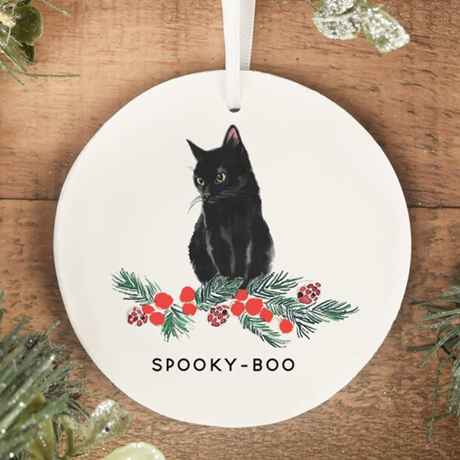 Black Cat Ornament With Berry Branch