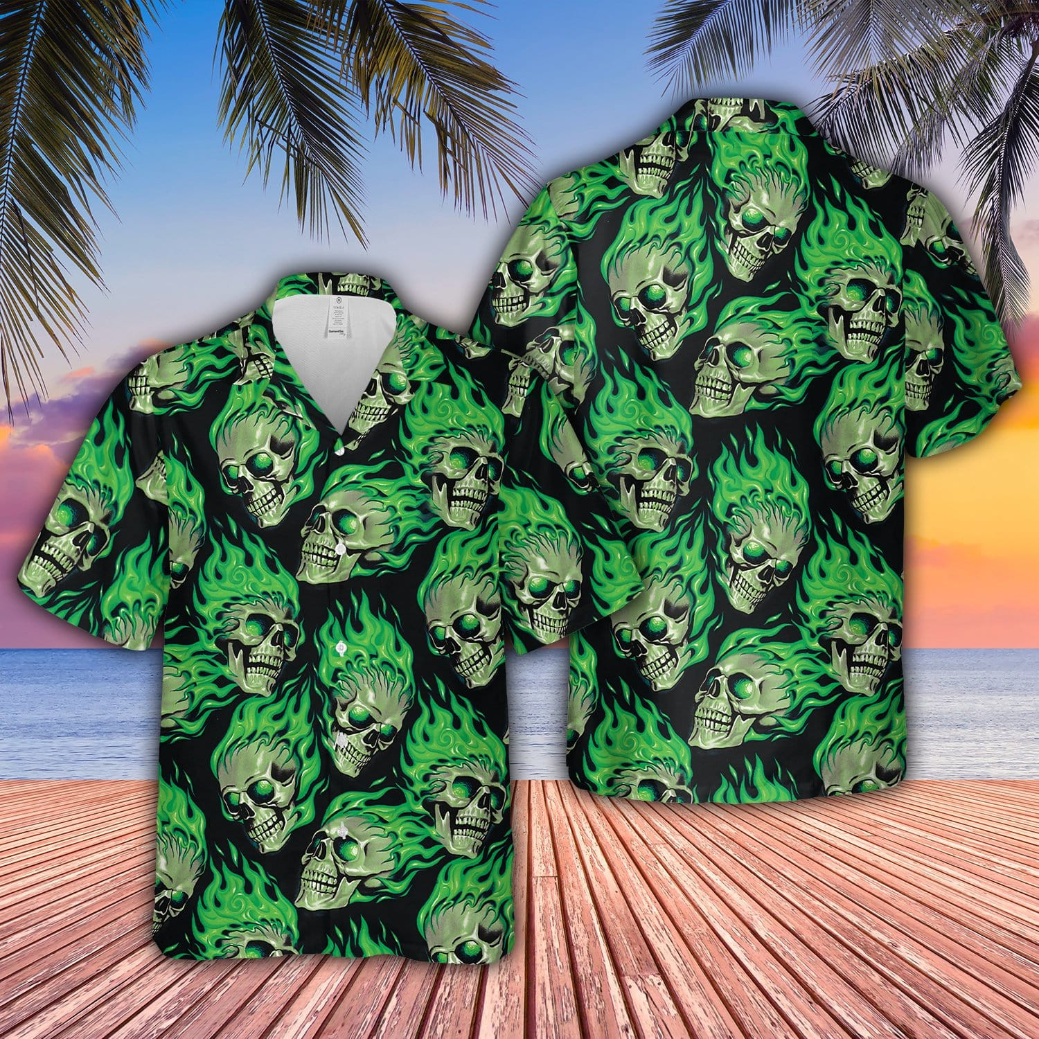 Green Flaming Skull Unisex Hawaii Shirts Ha2134