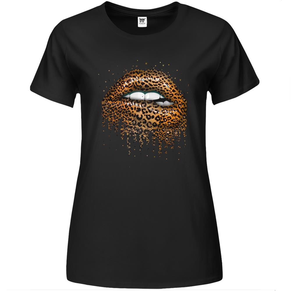 Womens Cool Lips Bite Kiss Me Leopard Print Cheetah Premium Womens T Shirts