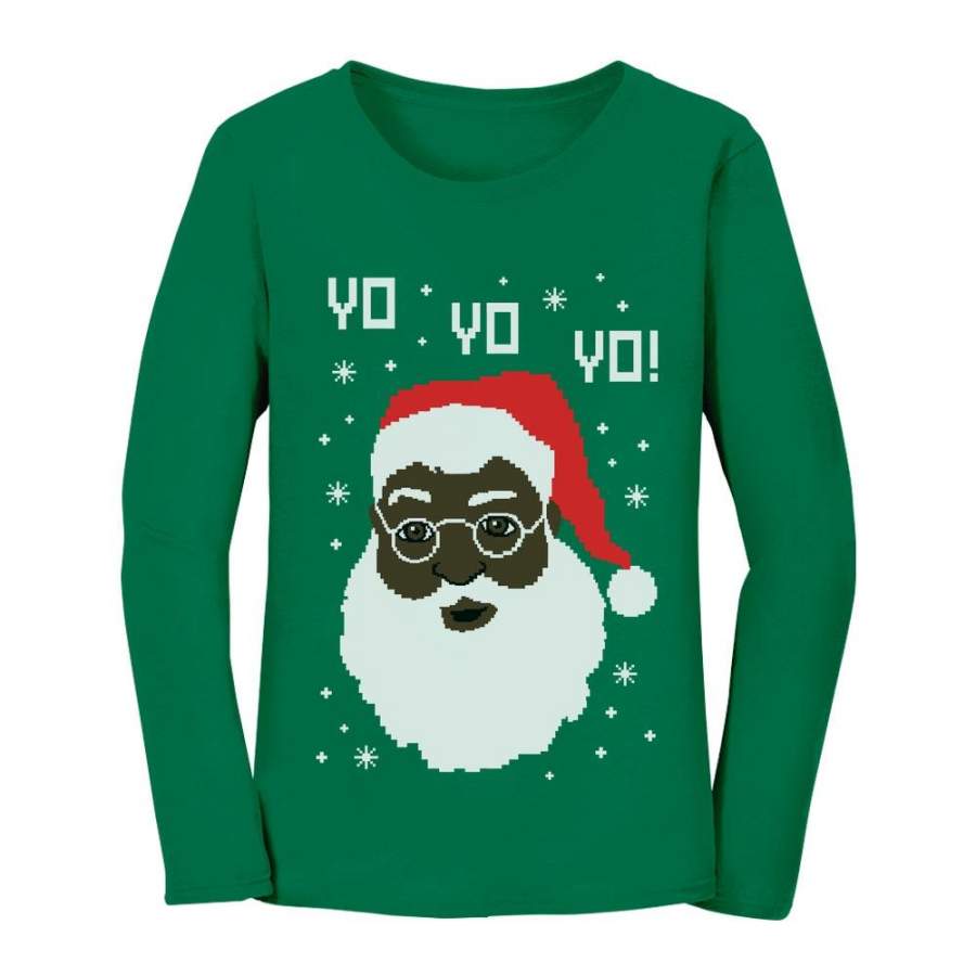 Black Santa Ugly Christmas Sweater Women Long Sleeve T-Shirt