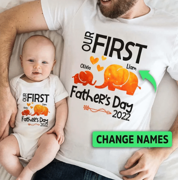 Our 1St Father’S Day Elephant T-Shirt & Baby Onesie, Dad And Baby Matching Shirts, Father And Son/ Daughter, Father’S Day Gift