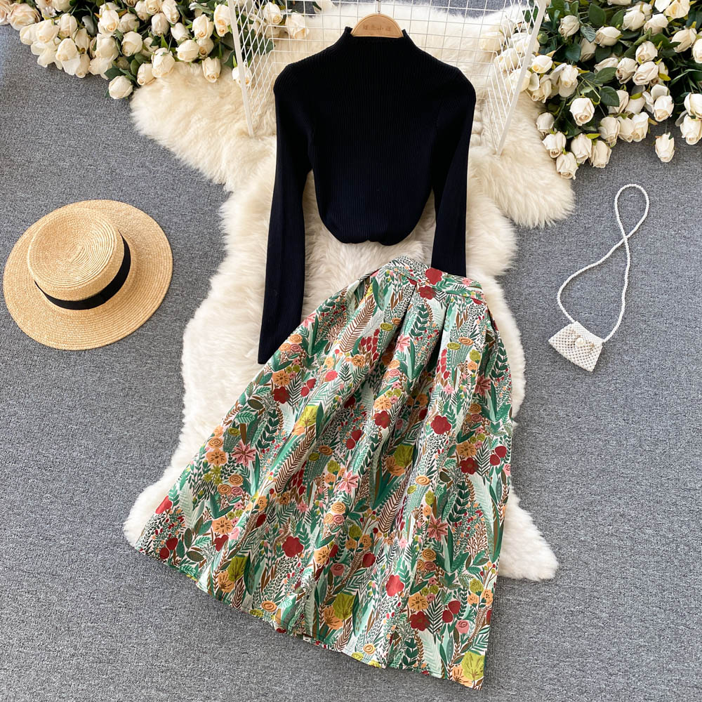 Vintage Print Jacquard Large Swing Pleated Floral Skirt Women Stand Black Knitted Sweater Top Winter 2 Piece Sets Dress Shirts alx