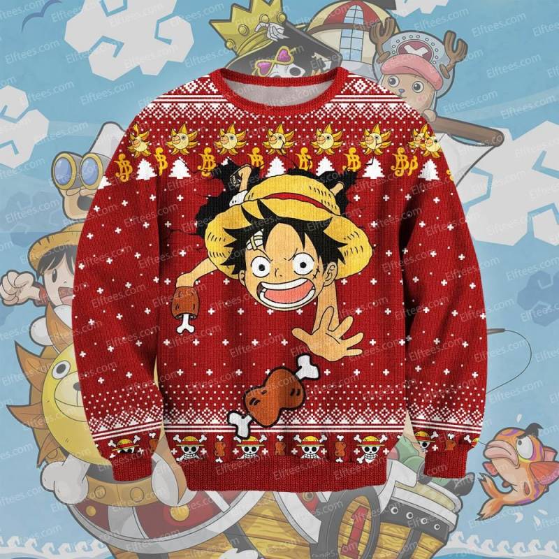 Anime One Piece Luffy Knitting Pattern 3D Print Ugly Christmas Sweater – OPC01A