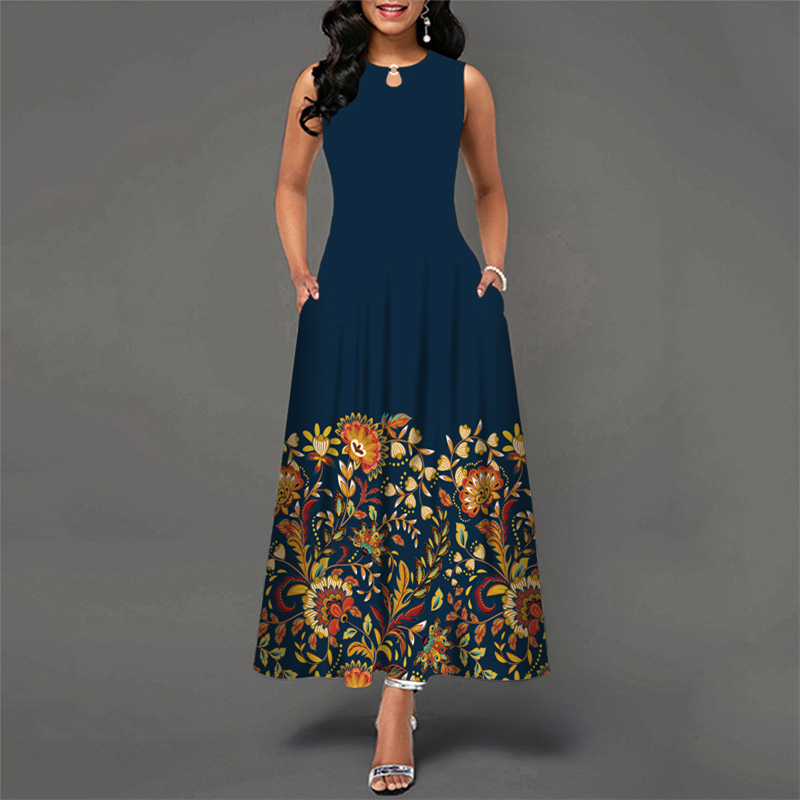 Bohemian Floral Printing Hollow Out Elegant Dresses For Women Large Swing Sexy High Waist Maxi Party Slim Tank Sleeveless Dress alx