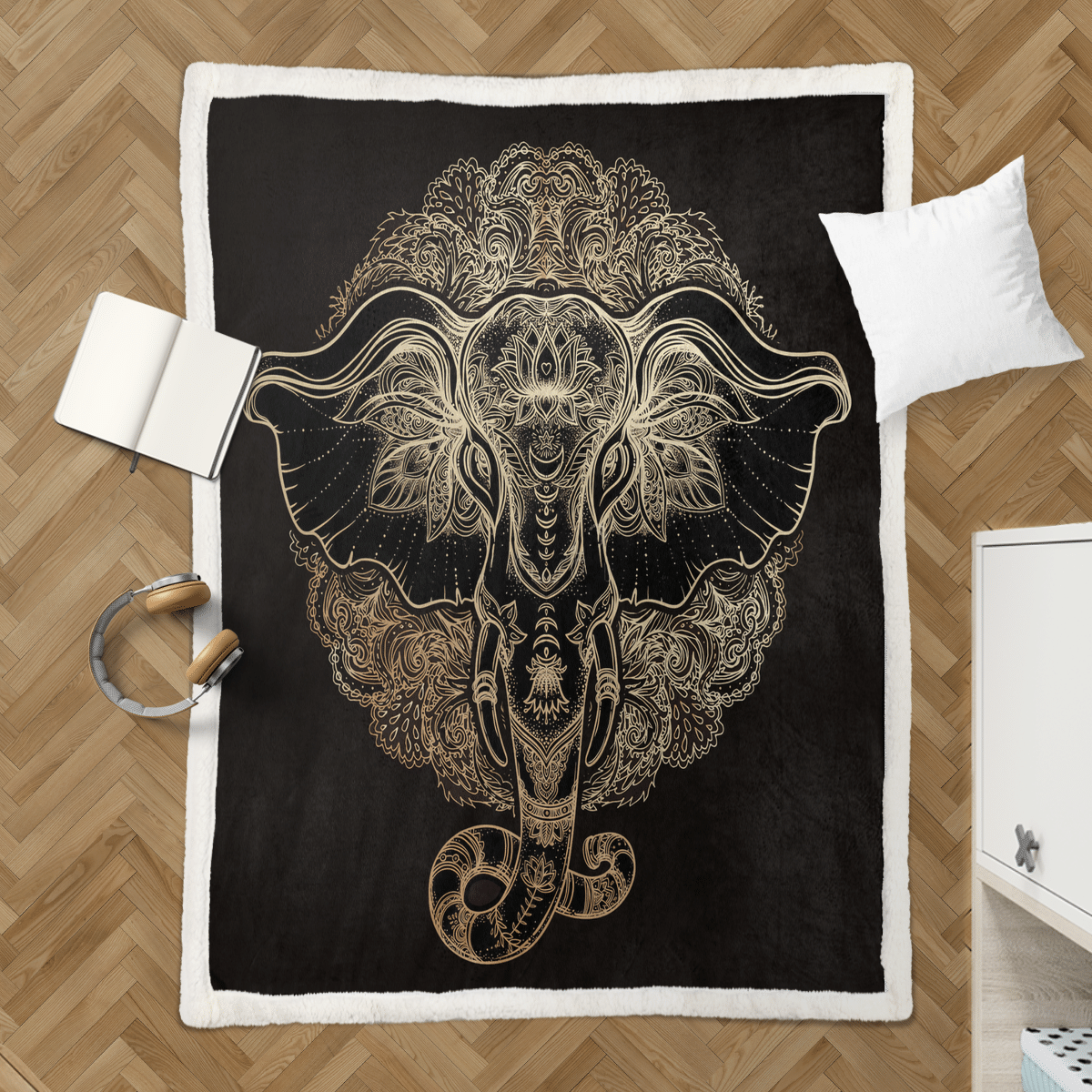 Golden Boho Elephant Sherpa Blanket