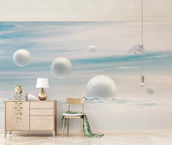 3D Blue Dolphin Ball Wall Mural Wallpaper 747