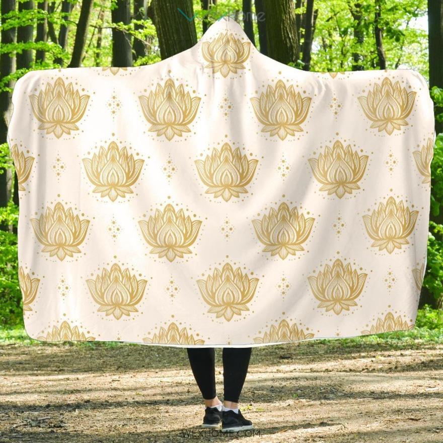 Gold Ornamental Lotue Waterlily Symbol Pattern Hooded Blanket