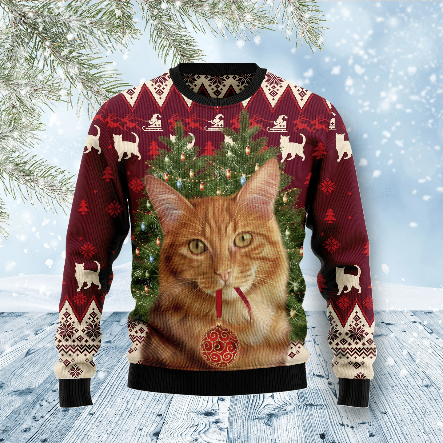 Cat Decor Pine Christmas Ugly Sweater