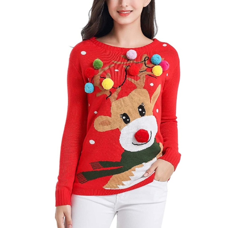 Womens Christmas Sweater Reindeer Pattern Knitted Shirt Colorful Plush Pompom Holiday Casual Pullover Jumper Top Gifts alx