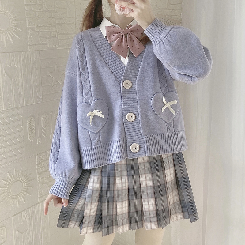 Anbenser Spring Japan Kawaii Fashion Pink Cardigan Women Vintage Crop Knitted Sweater Cute Bow Heart Korean JK School Coat alx